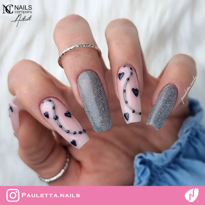Pink and Gray Valentine Nails